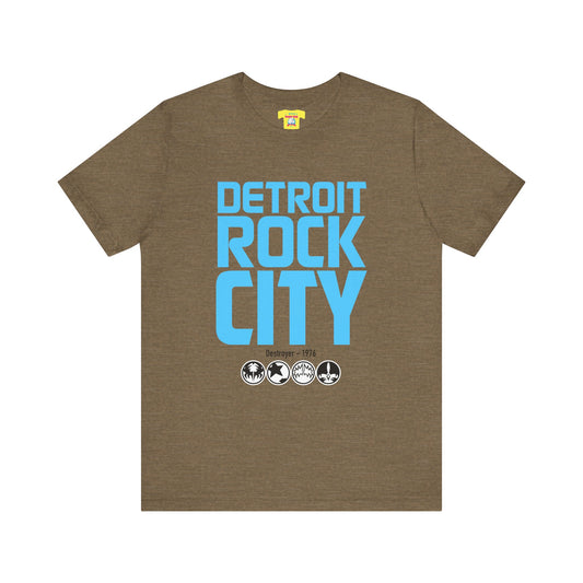 DETROIT ROCK CITY (Light Blue text color, Unisex Softstyle T-Shirt)